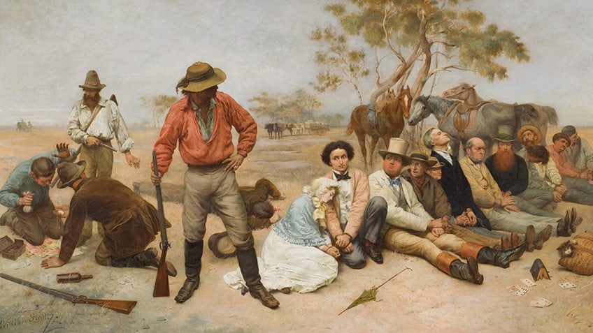 Painting of bushrangers holding up a group of people 