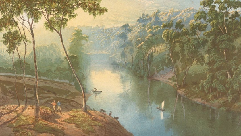 Colour print of painting by N Chevalier of the Yarra River at Studley Park by C Troedel & Co, 1865