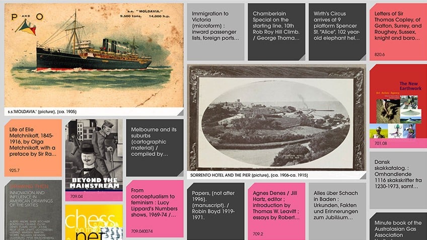Composite images of coloured tiles and images representing catalogue search results