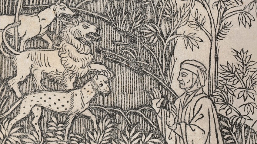 woodcut of a man in headdress talking to wild beasts