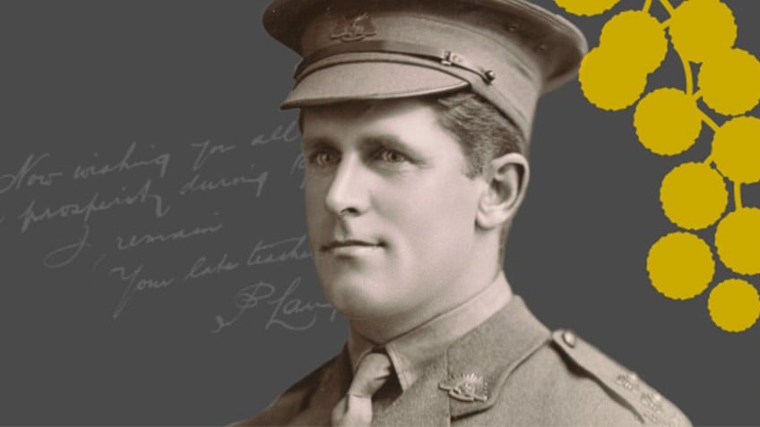 Black and white poster of soldier with wattle flower detail