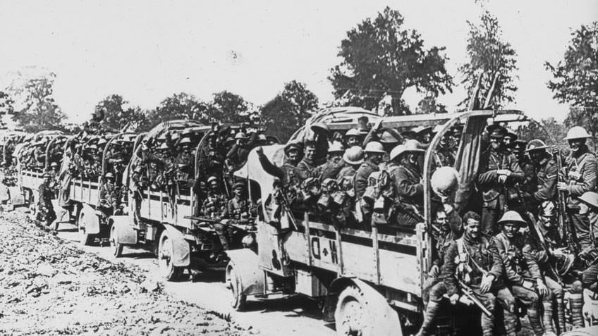 Convoy of ANZAC troops, possibly in France, 1915