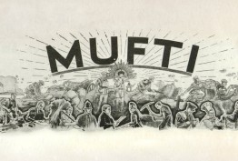 Black and white image featuring the word MUFTI and drawings of soldiers and civilians 