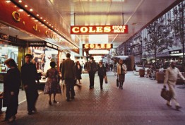 Colour photo of Coles Bourke Street Mall store c late 1970s featuring shoppers and passers-by