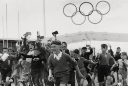 Autograph hunters at the athletes' village, Heidelberg, 1956