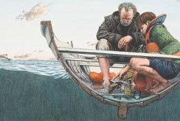 The boy felt water swirling about his feet Cross-section illustration of teenage boy and adult man sitting in a rowboat