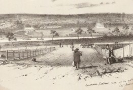Etching of Cremorne Gardens, Richmond, viewed from across the Yarra River in 1854