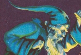 Magic gallery purple background with blue and yellow illustration of a dancing wizard