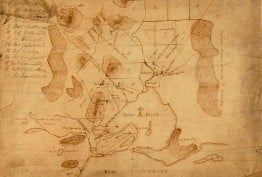 Sepia hand-drawn map of the initial surveying of the Port Phillip area, including Port Phillip Bay