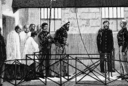 Black and white etching depicting the execution of bushranger Ned Kelly