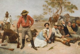 Painting of bushrangers holding up a group of people 