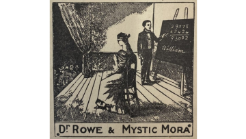 A drawing of Dr Rowe pointing to a blackboard, whilst Mystic Mora sits in front of him, blindfolded.