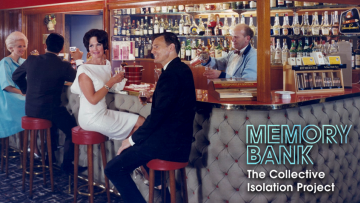 Men and women with 1960s outfits and hairstyles enjoy a drink at a bar