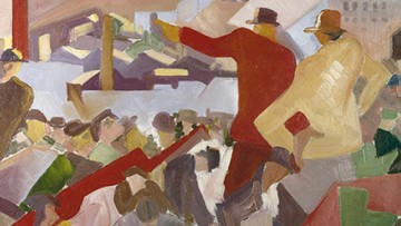 A painted image of industry workers rallying together