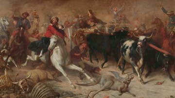 Painting of people fleeing a large bushfire