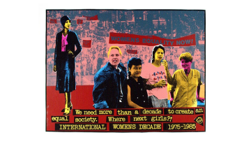 Poster showing contemporary women and from the 1920s, and comments on the need for more than a decade to create an equal society.