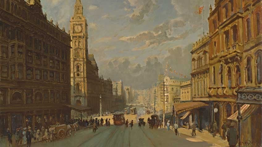 This view of Bourke Street looks east toward Elizabeth Street. The buildings on the right are the Metropole Hotel and Arcade, which have since been replaced by the Commonwealth Bank building on the corner of Elizabeth Street.