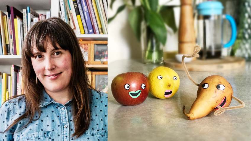 Isobel Knowles next to an image of decorated fruit 