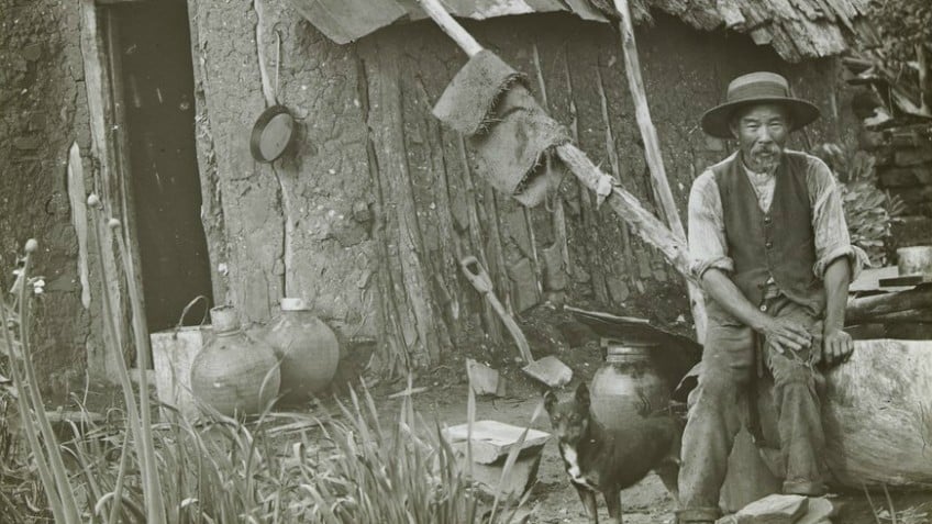 Old black and white photo of a Chinese miner sitting outside his wattle and daub hut with his dog