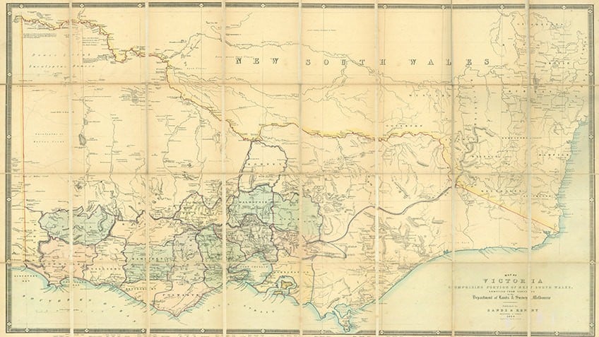 sepia 19th-century map of the colony of Victoria with the southern part of NSW