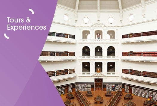 Image of the Library's La Trobe Reading Room, taken from the second floor. On the left is a purple graphic overlay with white text that says 'tours and experience'